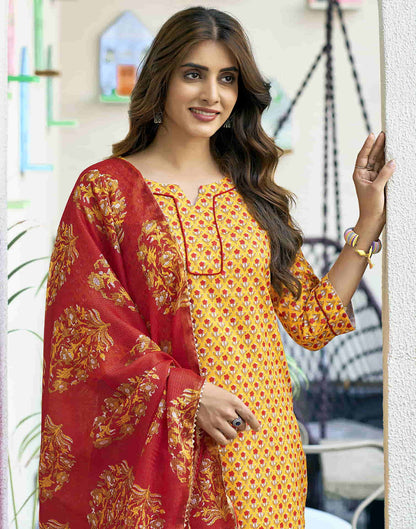 Yellow Printed Rayon Straight Kurta With Pant And Dupatta