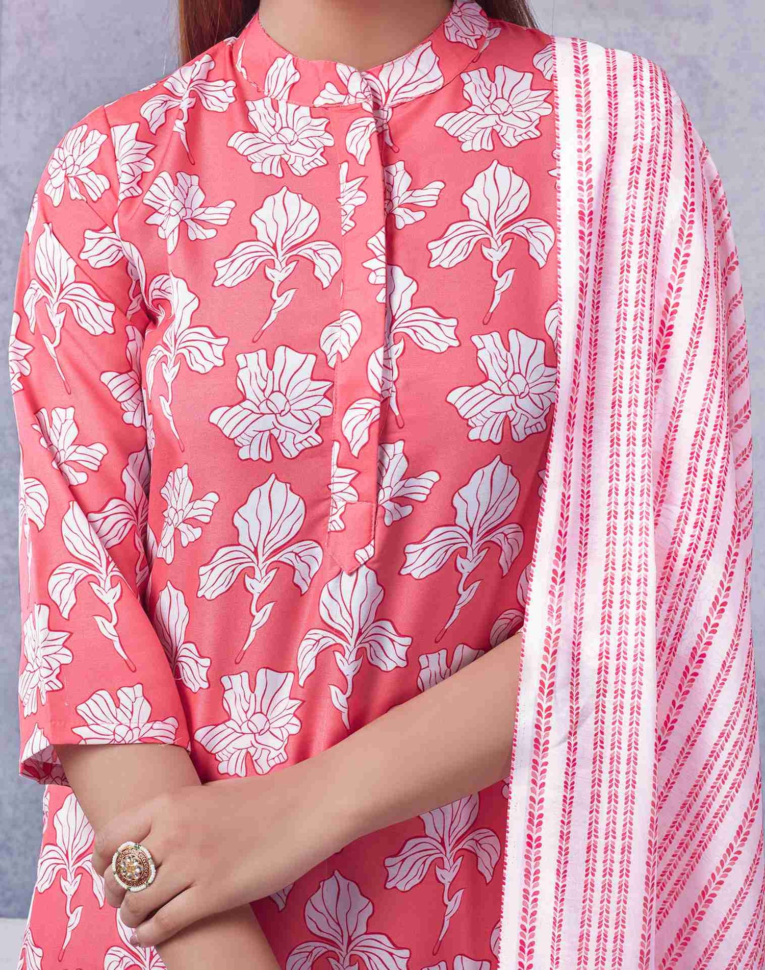 Pink Rayon Printed Kurta Set With Dupatta