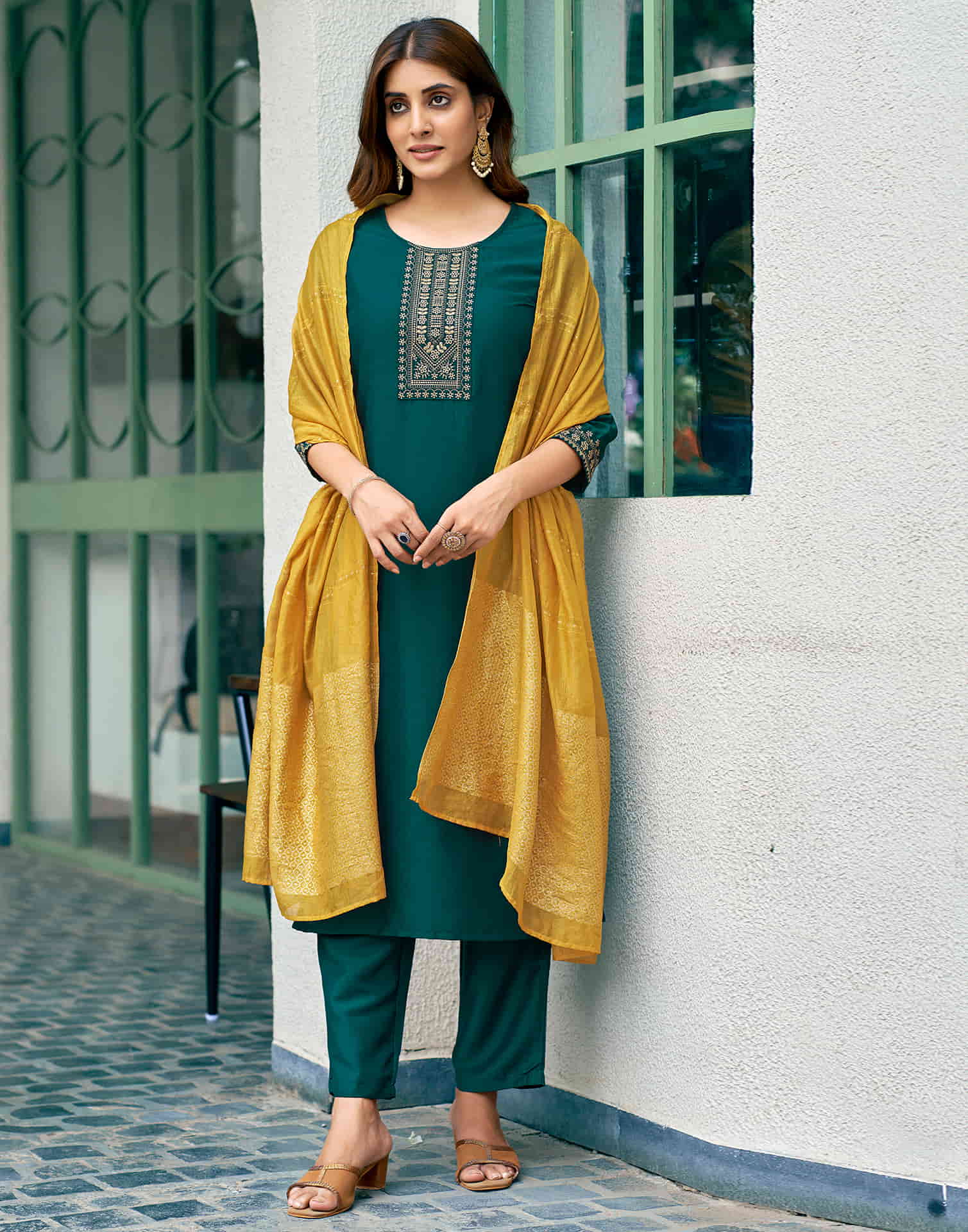 Bottle Green Embroidery Silk Straight Kurta With Pant And Dupatta