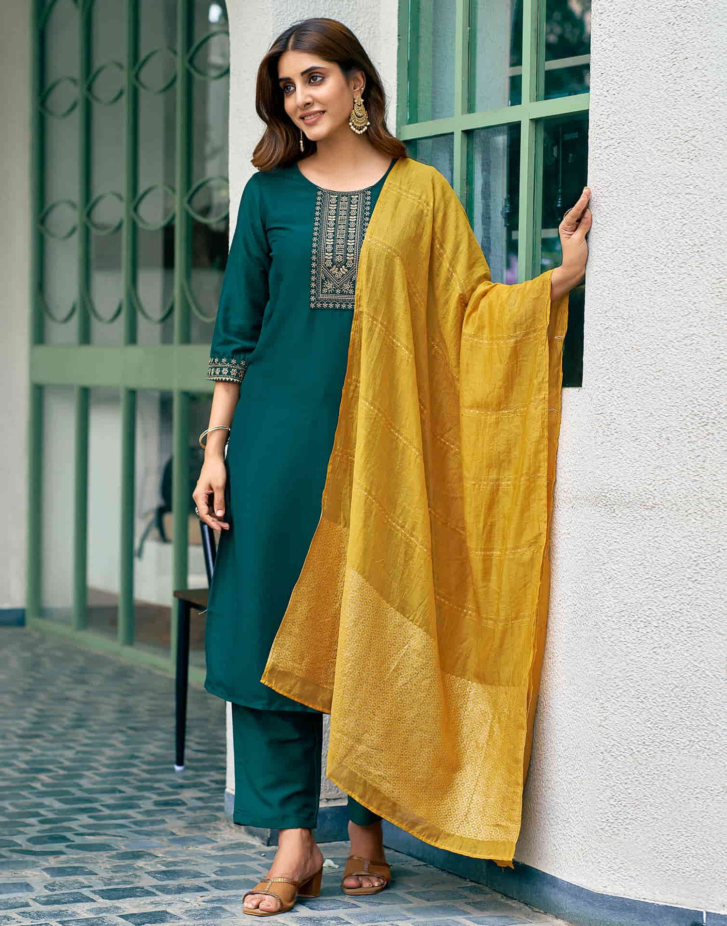 Bottle Green Embroidery Silk Straight Kurta With Pant And Dupatta