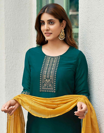 Bottle Green Embroidery Silk Straight Kurta With Pant And Dupatta