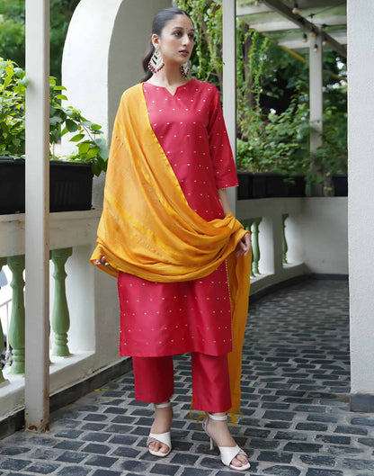 Red Silk Woven Straight Kurta Set With Dupatta