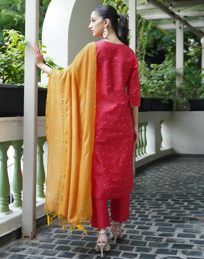 Red Silk Woven Straight Kurta Set With Dupatta