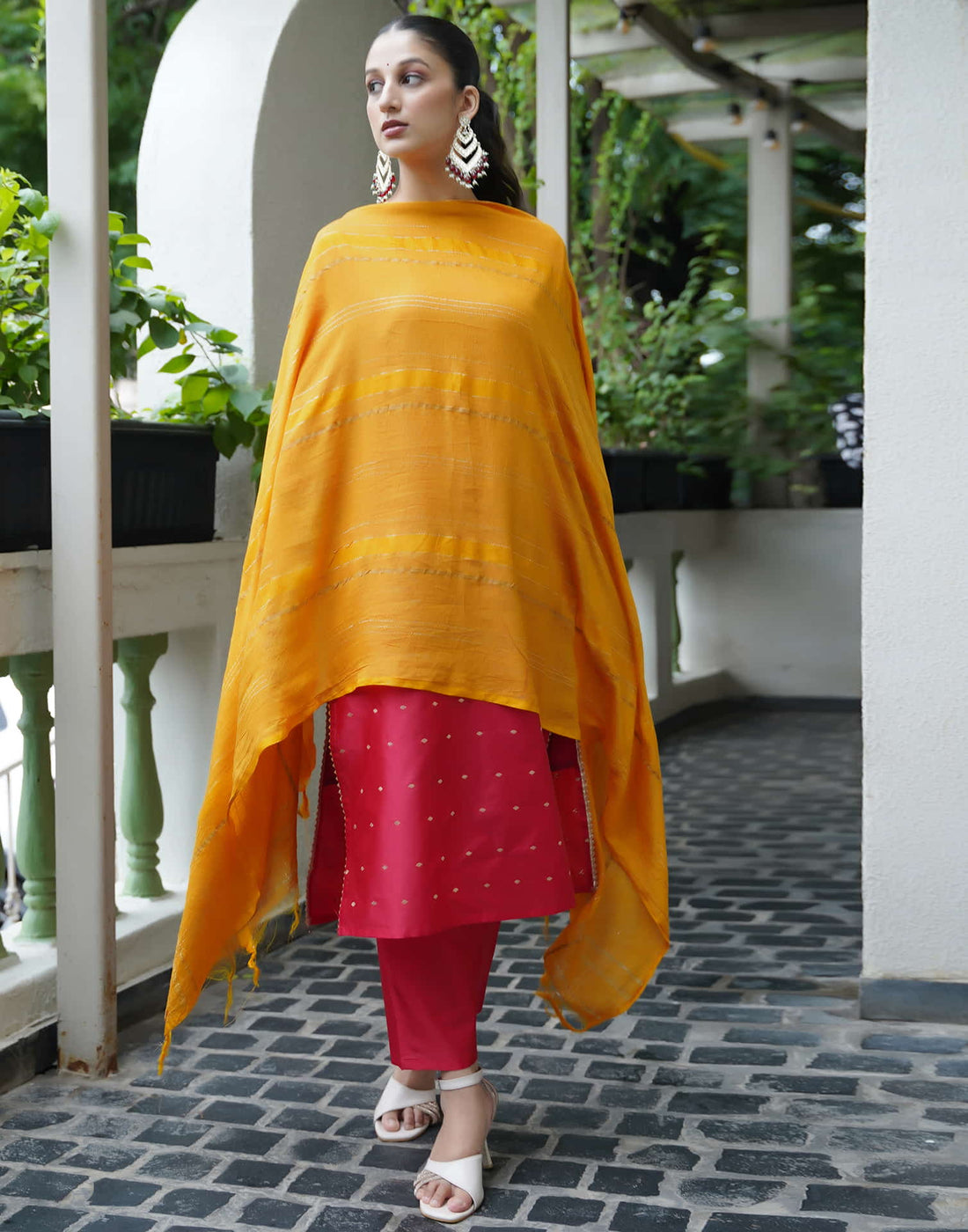 Red Silk Woven Straight Kurta Set With Dupatta