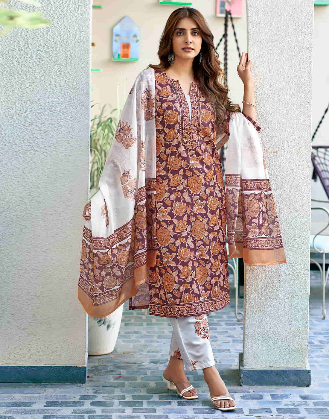 Maroon Printed Rayon Straight Kurta With Pant And Dupatta