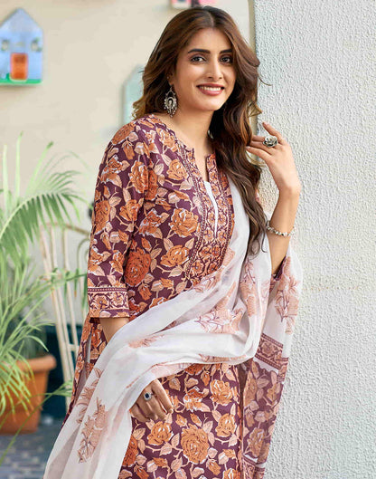 Maroon Printed Rayon Straight Kurta With Pant And Dupatta