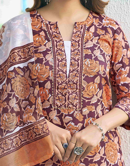 Maroon Printed Rayon Straight Kurta With Pant And Dupatta