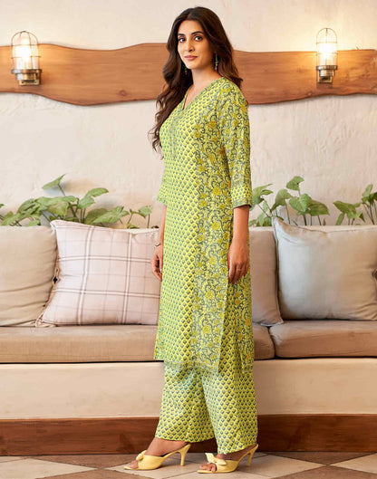 Light Lime Yellow Printed Rayon Straight Kurta With Pant And Dupatta