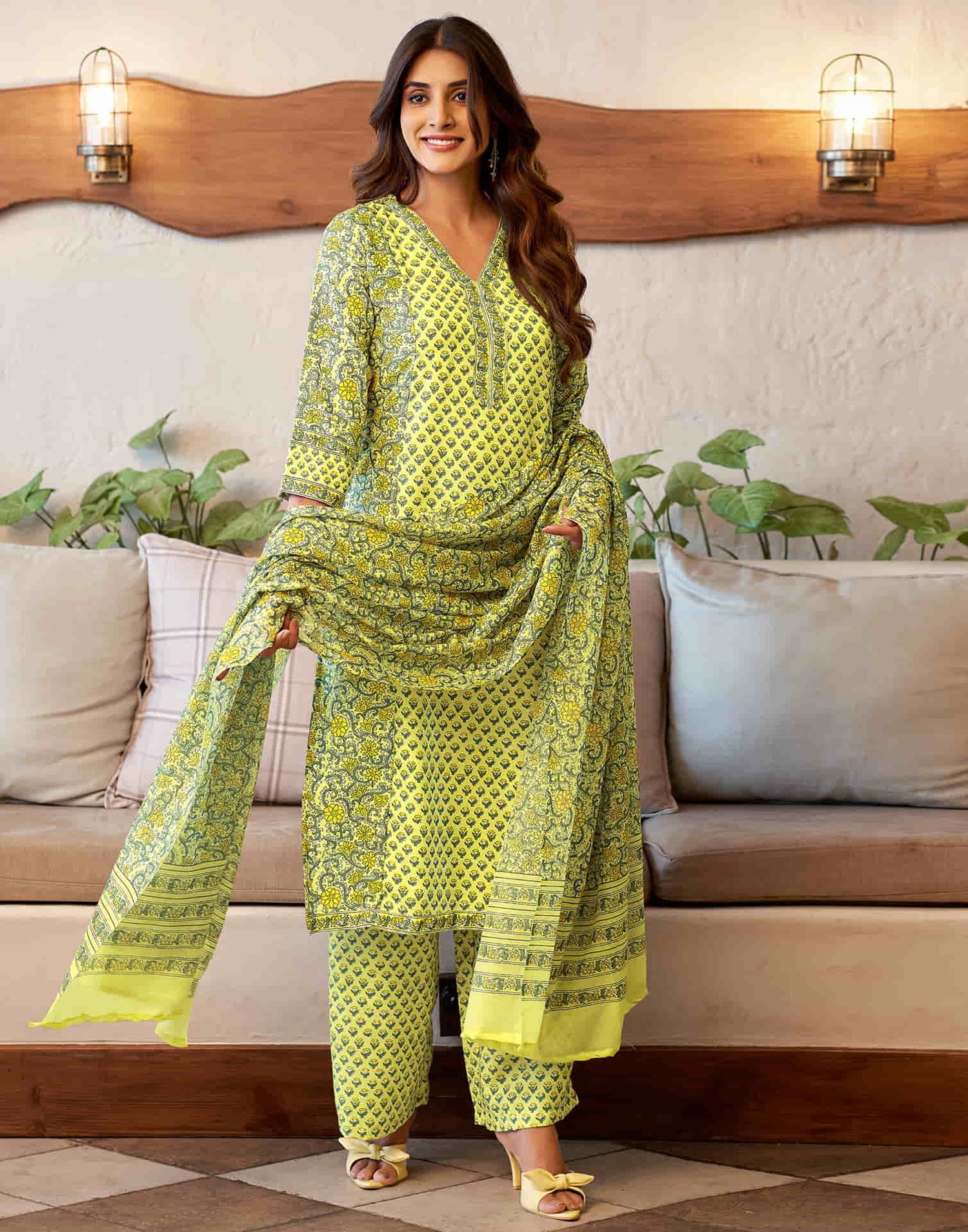 Light Lime Yellow Printed Rayon Straight Kurta With Pant And Dupatta