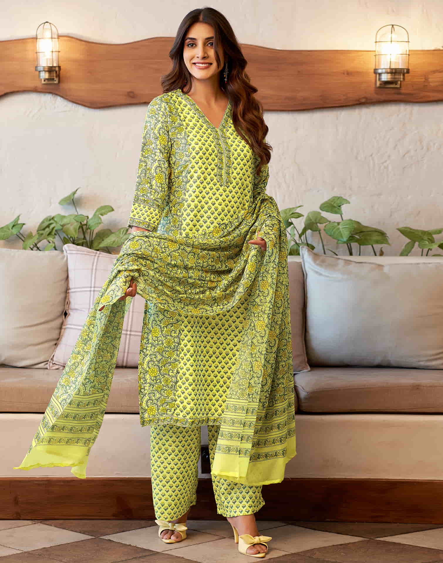 Light Lime Yellow Printed Rayon Straight Kurta With Pant And Dupatta