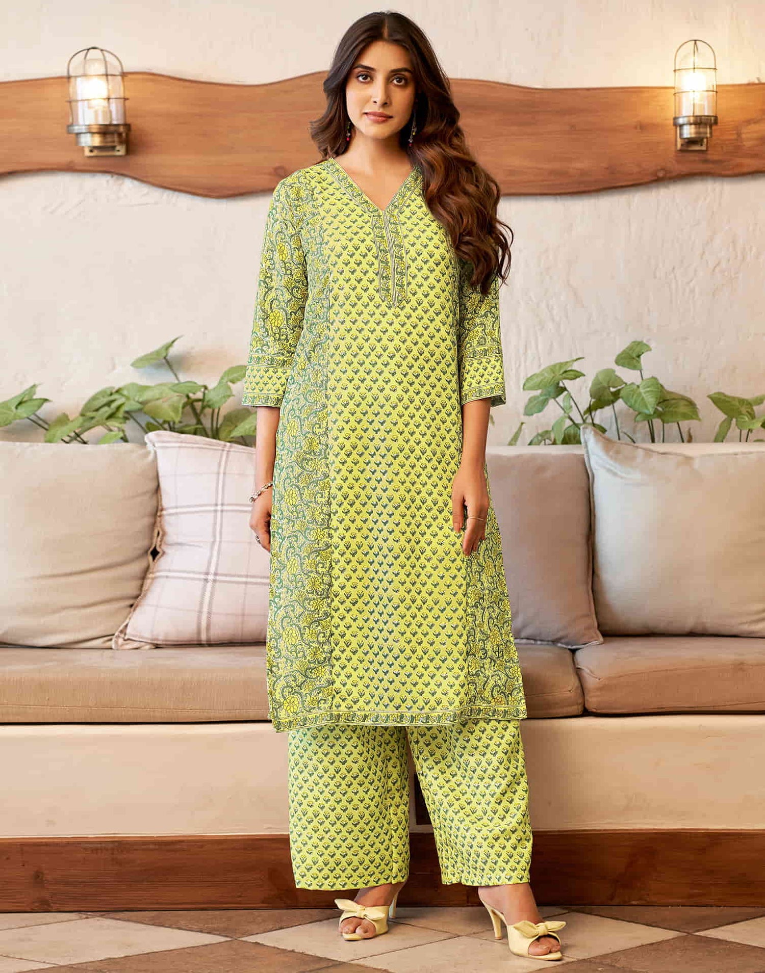 Light Lime Yellow Printed Rayon Straight Kurta With Pant And Dupatta