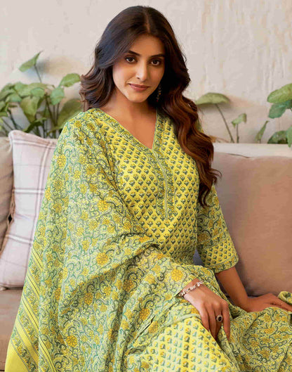 Light Lime Yellow Printed Rayon Straight Kurta With Pant And Dupatta