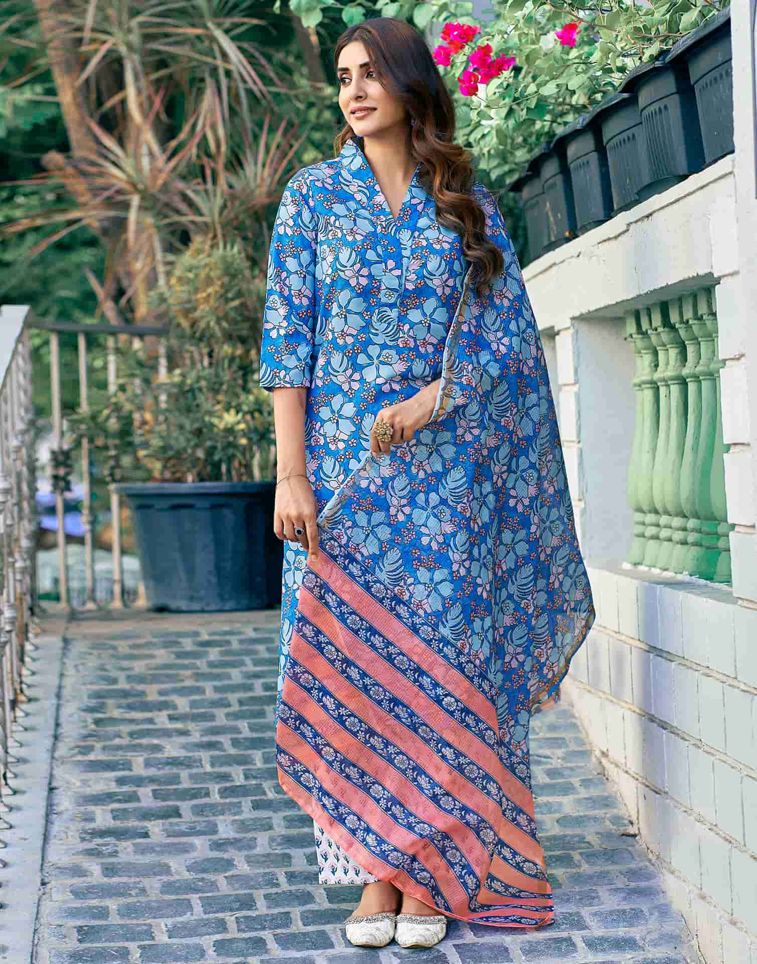 Blue Printed Rayon Straight Kurta With Pant And Dupatta