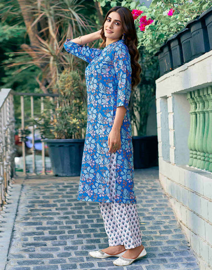 Blue Printed Rayon Straight Kurta With Pant And Dupatta