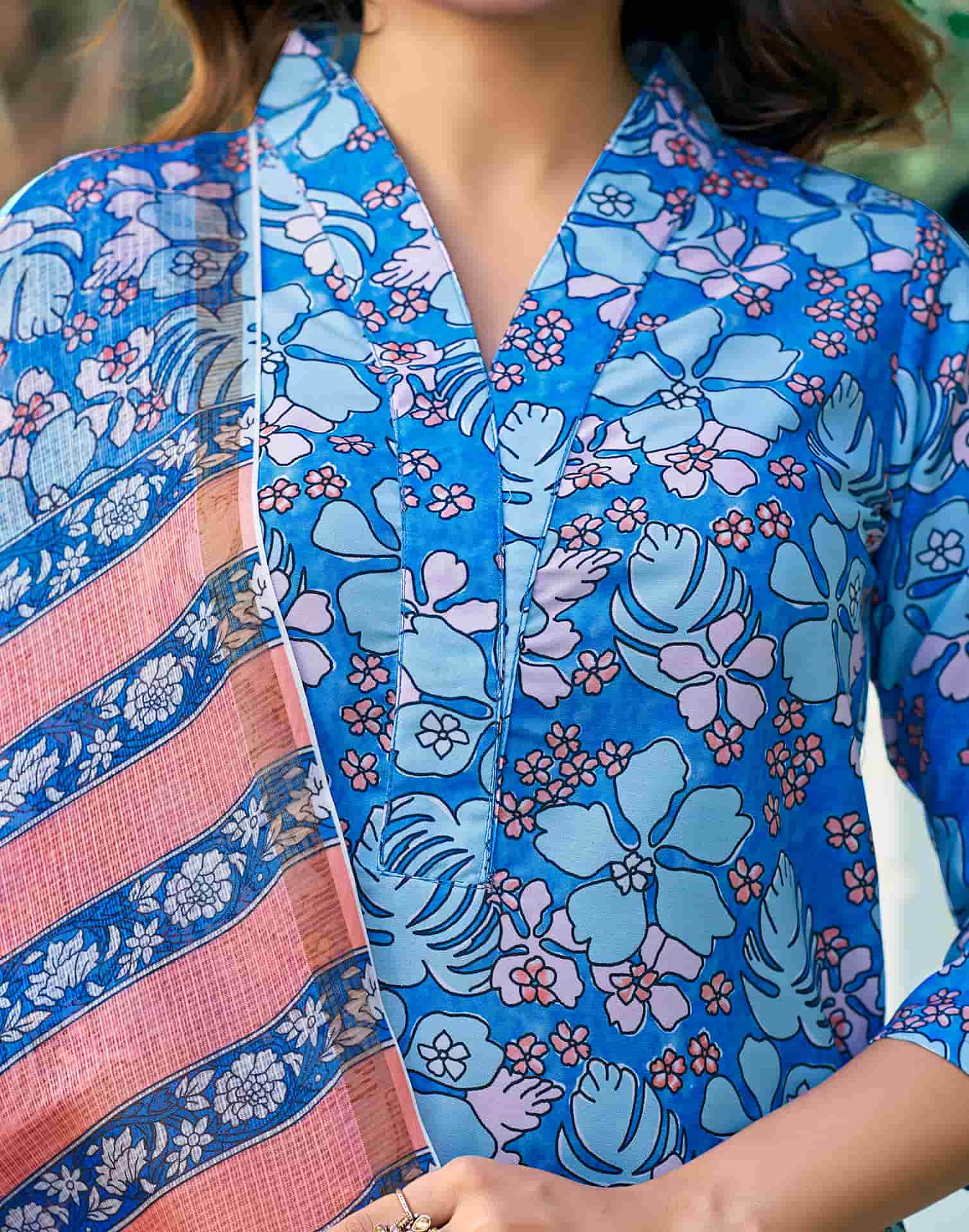 Blue Printed Rayon Straight Kurta With Pant And Dupatta