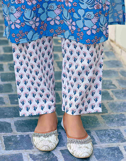 Blue Printed Rayon Straight Kurta With Pant And Dupatta