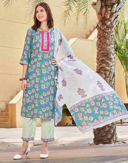 Turquoise Printed Rayon Straight Kurta With Pant And Dupatta