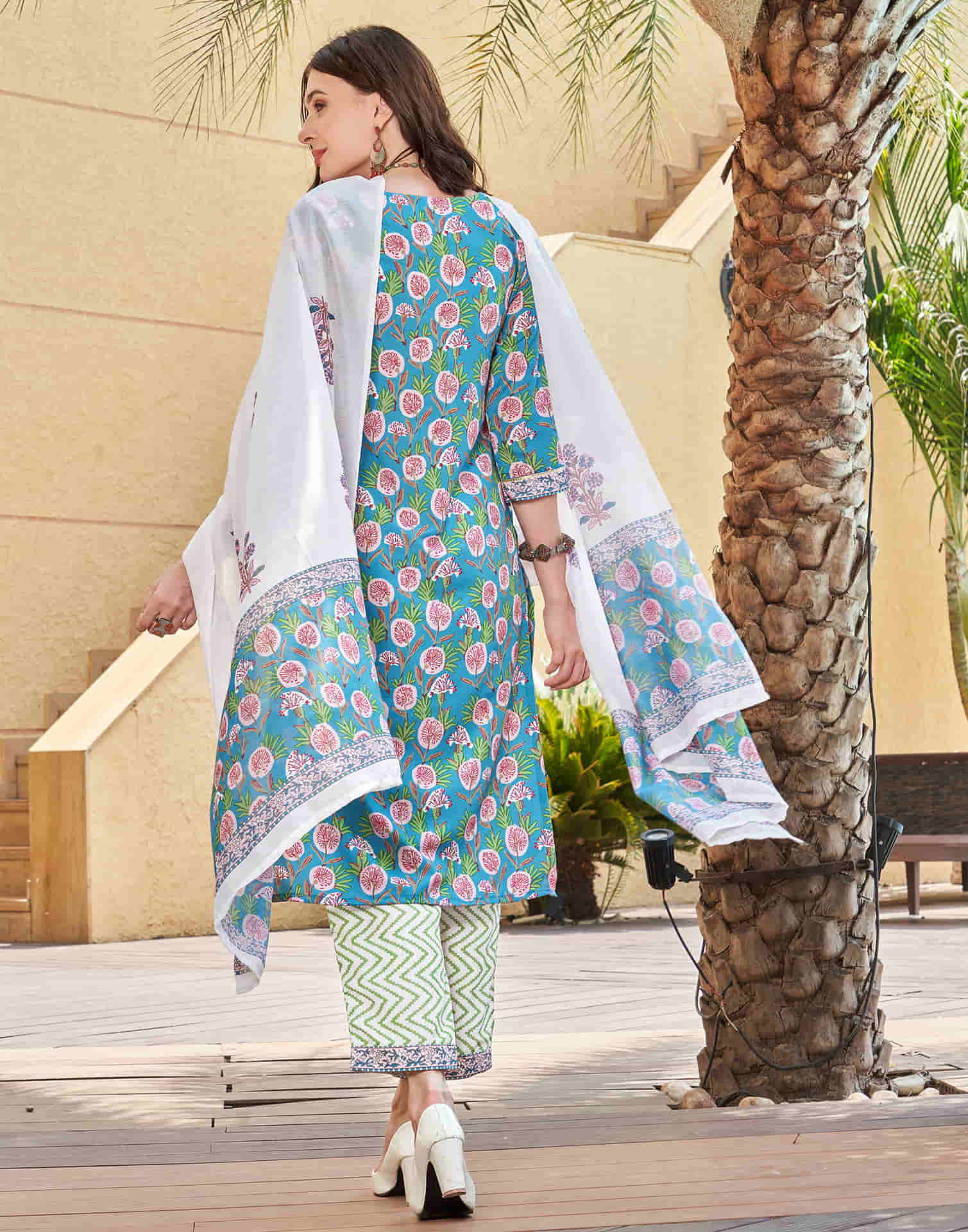 Turquoise Printed Rayon Straight Kurta With Pant And Dupatta