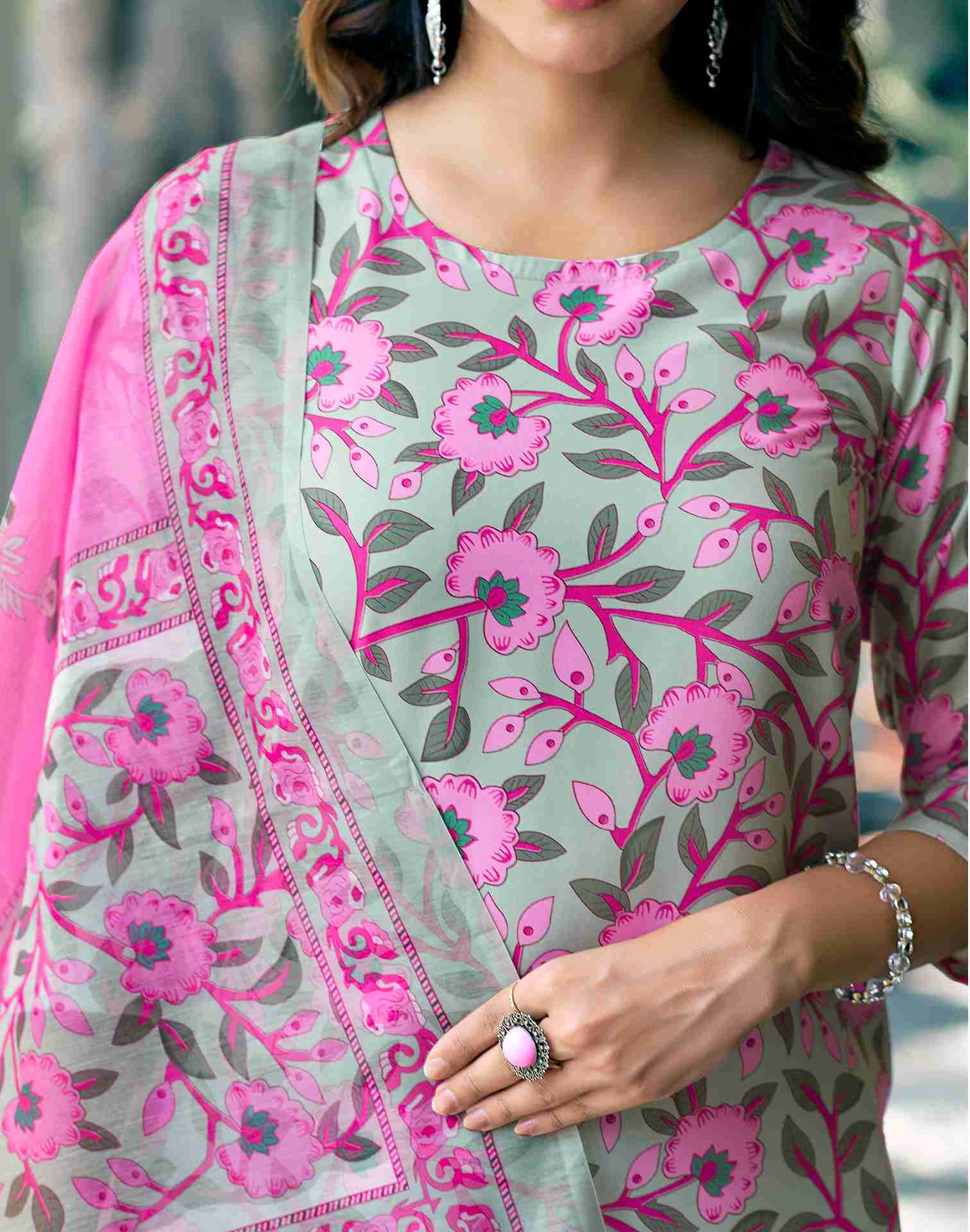 Green Rayon Printed Kurta Set With Dupatta