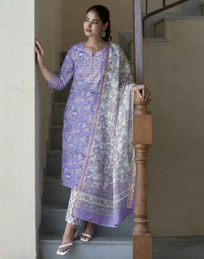 Lavender Printed Rayon Straight Kurta With Pant And Dupatta