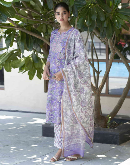 Lavender Printed Rayon Straight Kurta With Pant And Dupatta