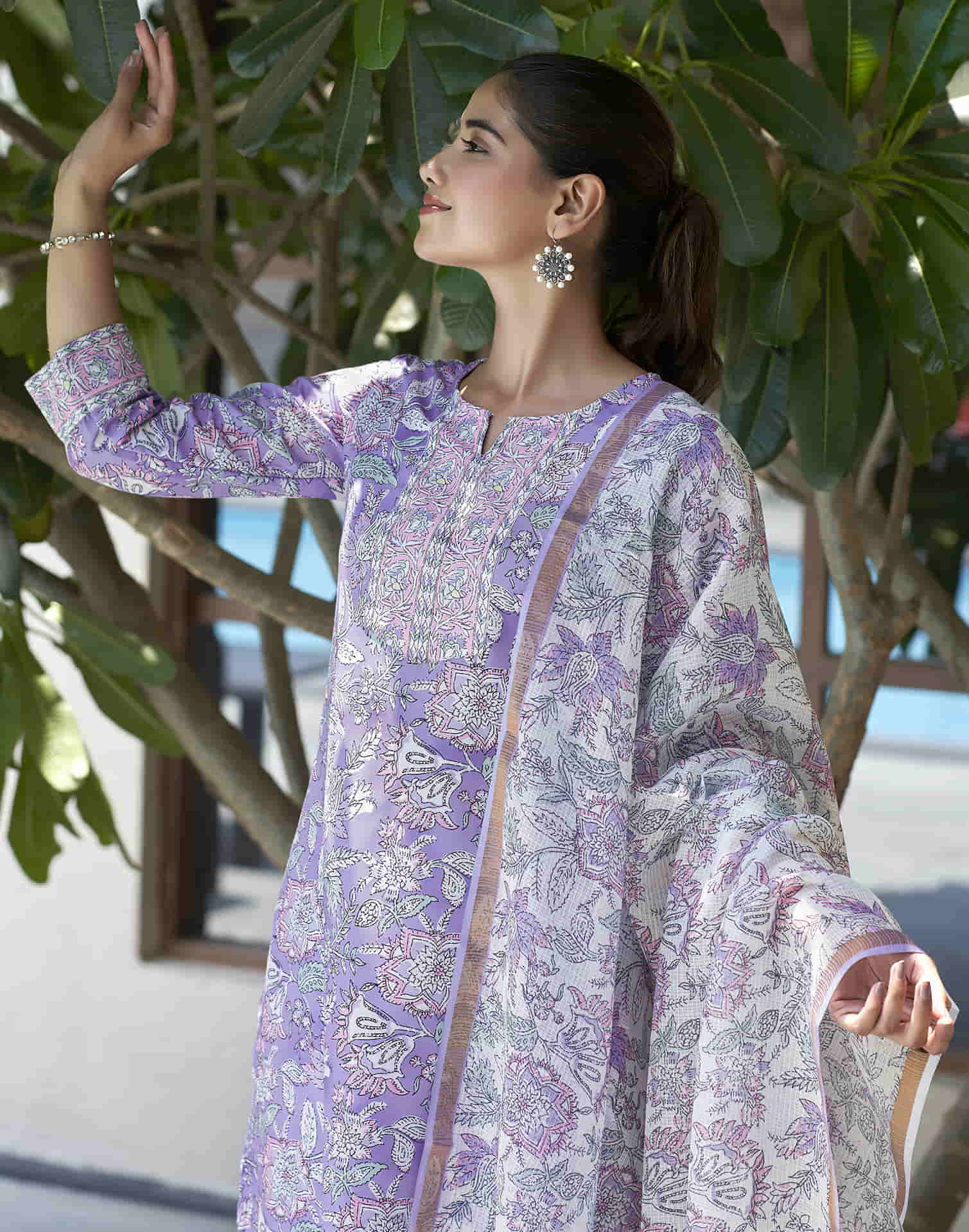 Lavender Printed Rayon Straight Kurta With Pant And Dupatta