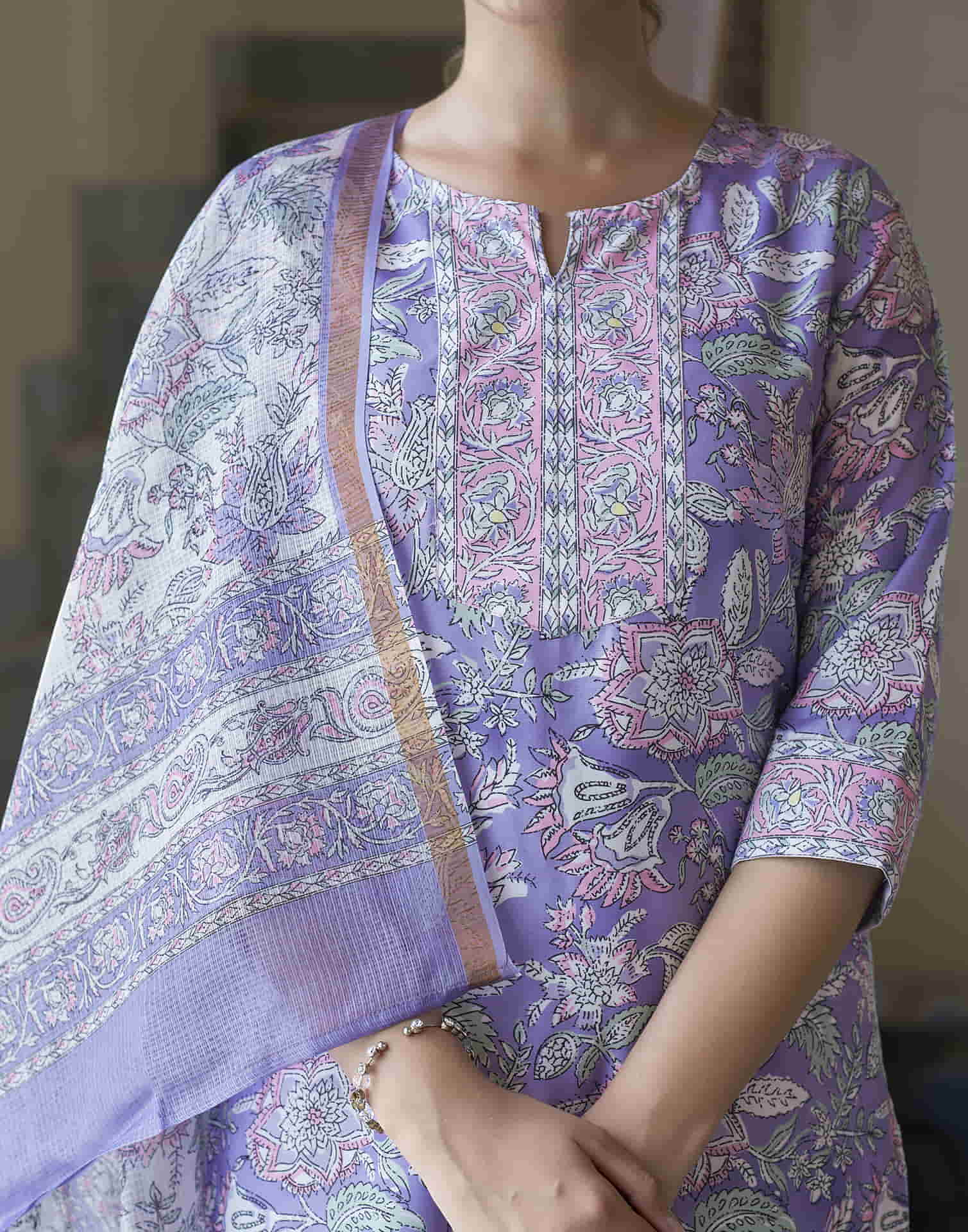 Lavender Printed Rayon Straight Kurta With Pant And Dupatta