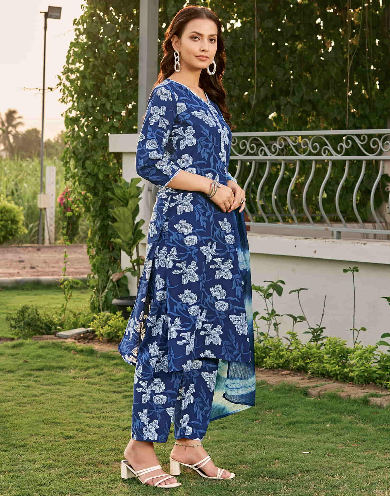 Blue Printed Rayon Straight Kurta With Pant And Dupatta