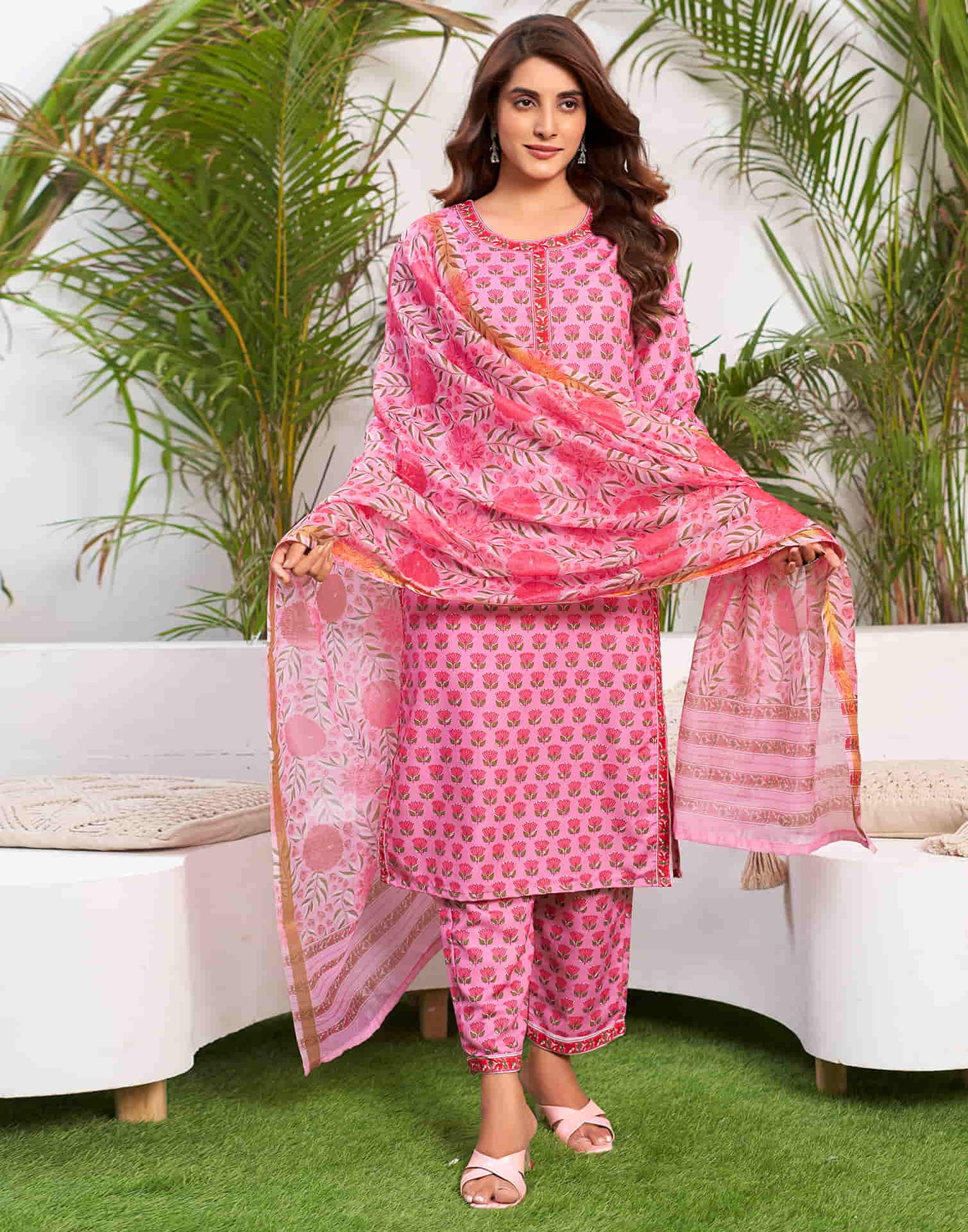 Pink Printed Rayon Straight Kurta With Pant And Dupatta