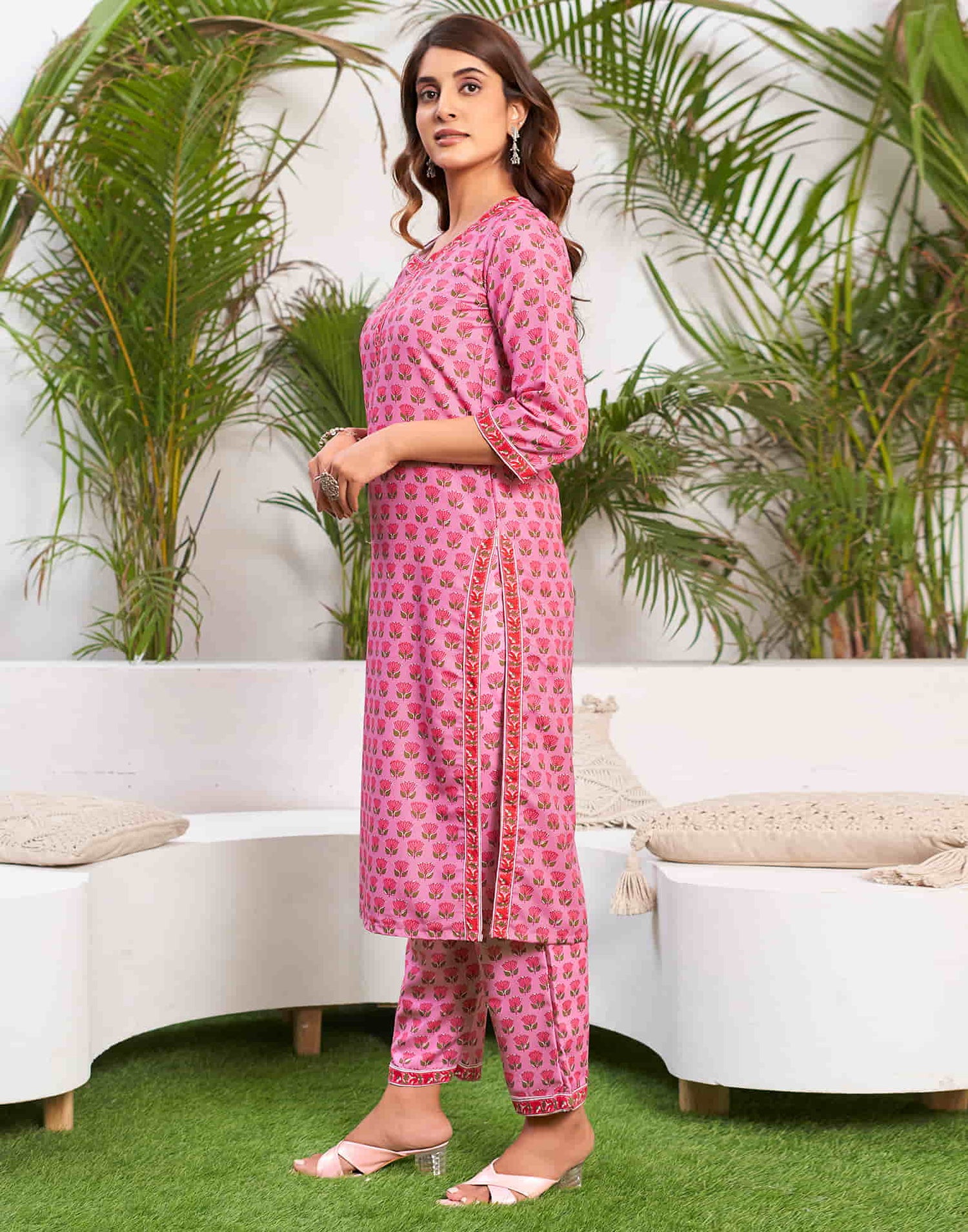 Pink Printed Rayon Straight Kurta With Pant And Dupatta