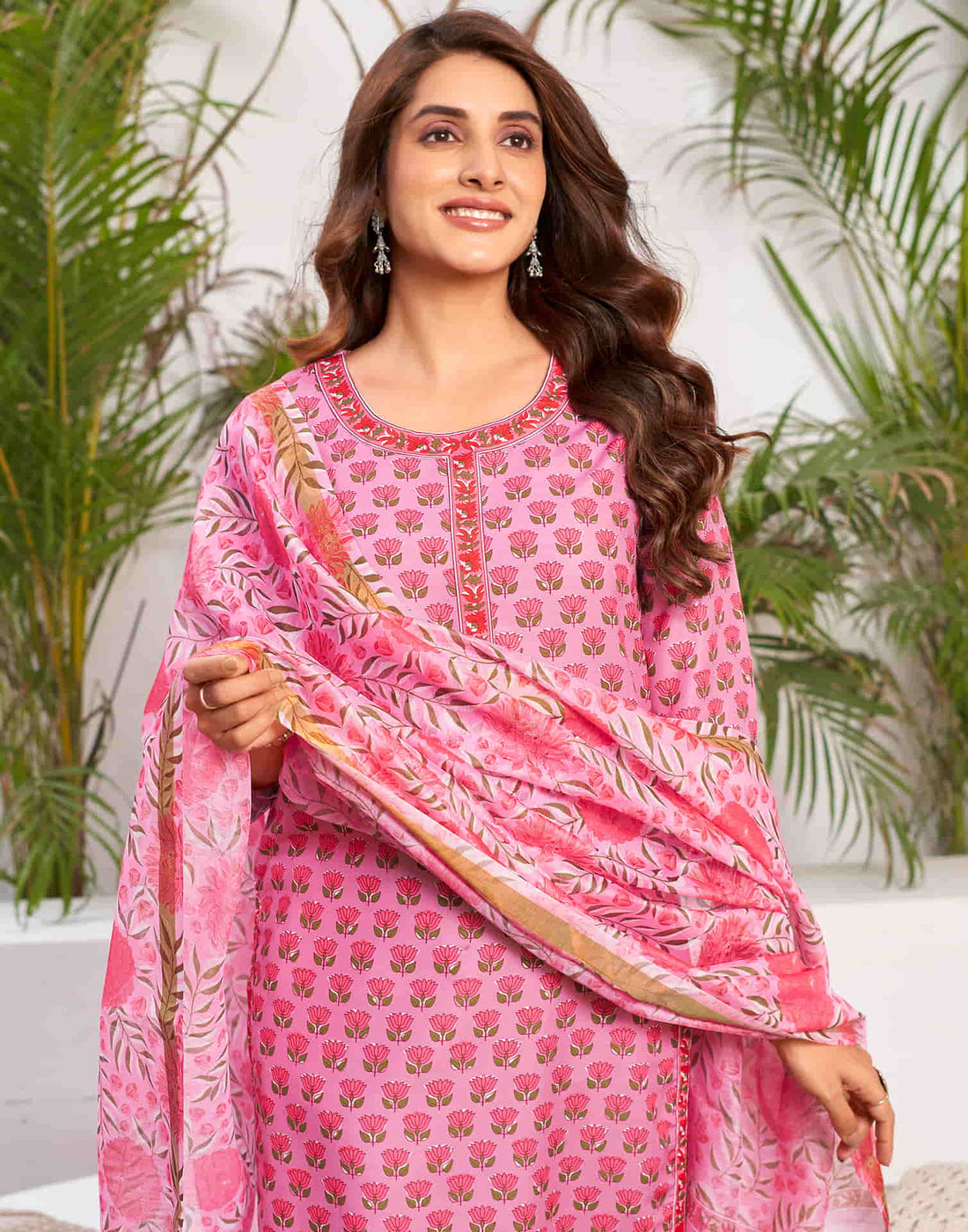 Pink Printed Rayon Straight Kurta With Pant And Dupatta