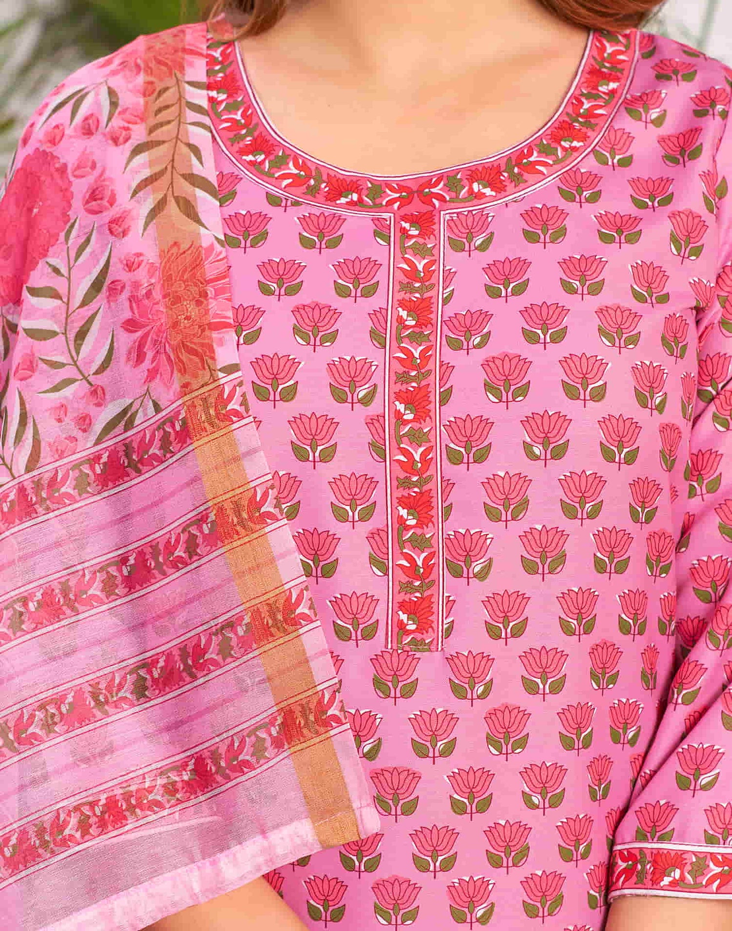 Pink Printed Rayon Straight Kurta With Pant And Dupatta