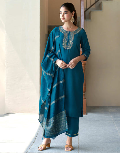 Teal Blue Embroidery Cotton Straight Kurta With Pant And Dupatta