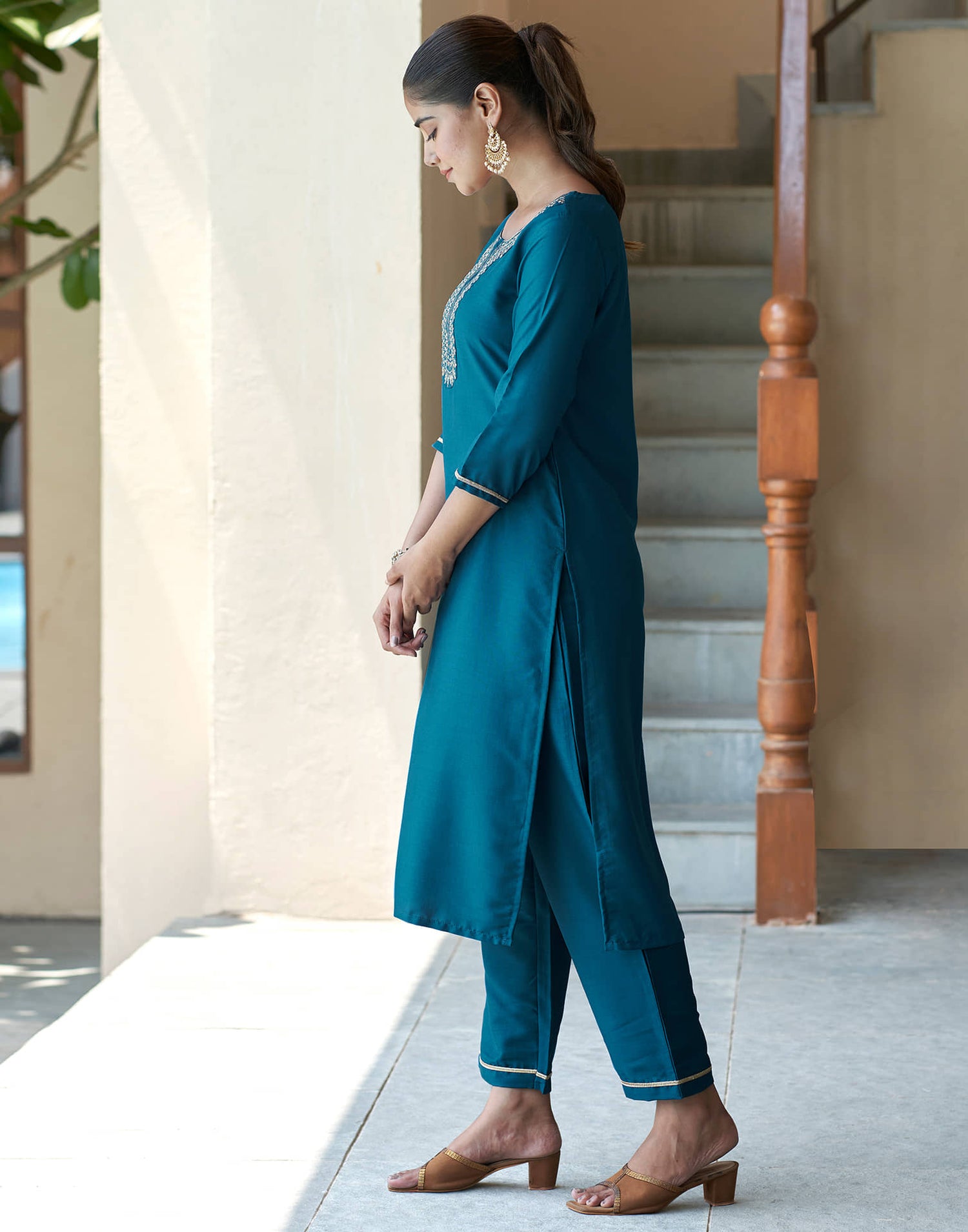 Teal Blue Embroidery Cotton Straight Kurta With Pant And Dupatta