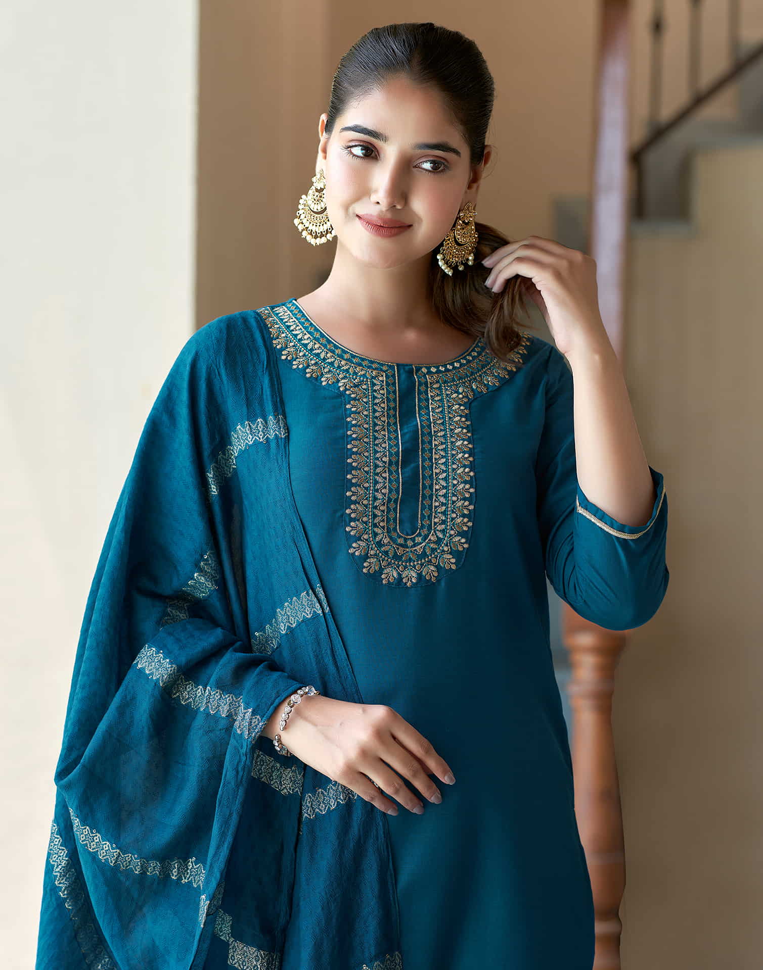 Teal Blue Embroidery Cotton Straight Kurta With Pant And Dupatta