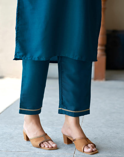 Teal Blue Embroidery Cotton Straight Kurta With Pant And Dupatta