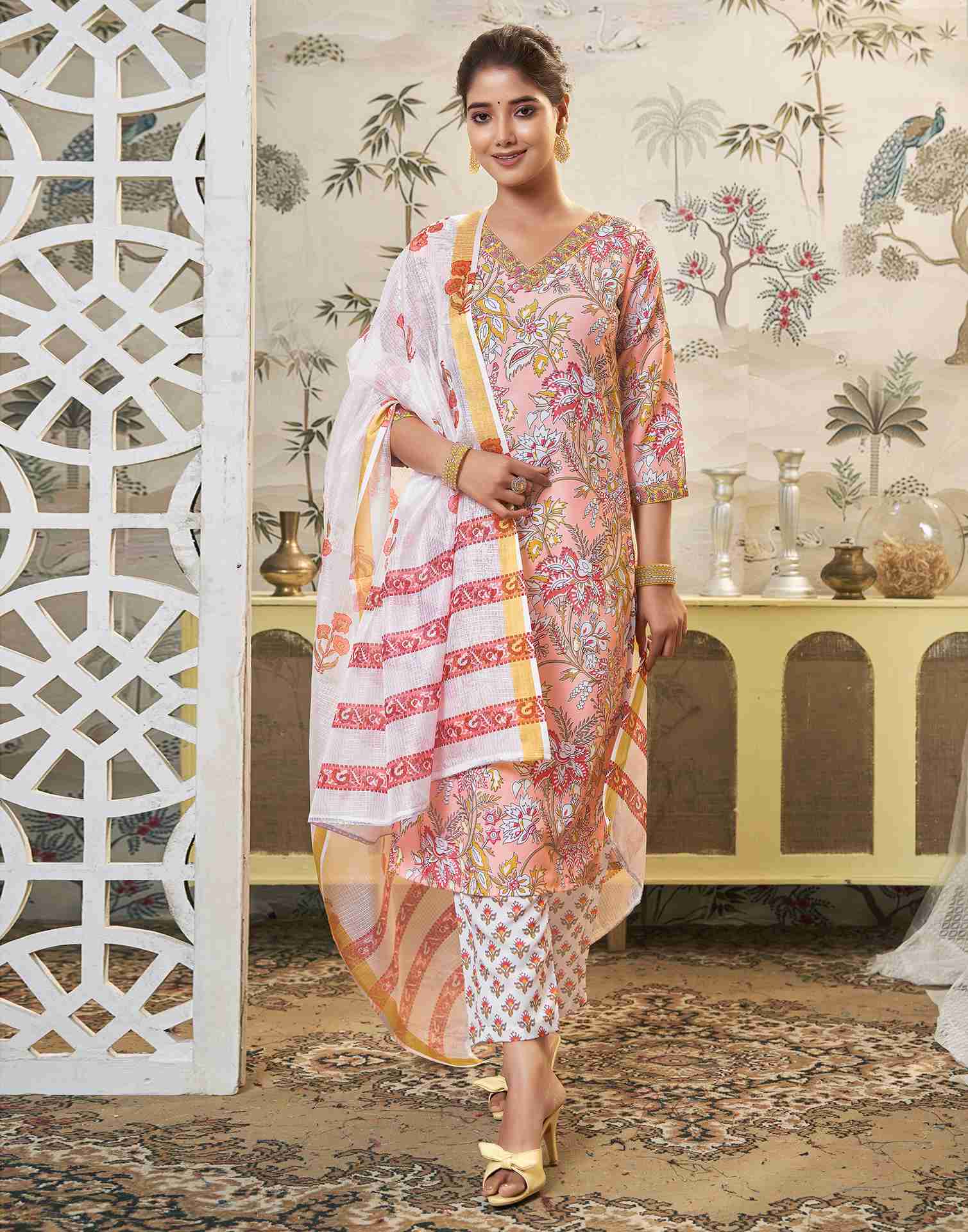 Light Peach Printed Rayon Straight Kurta Set With Dupatta