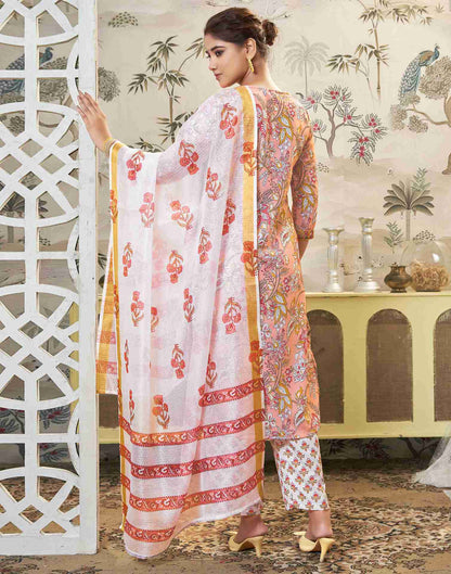 Light Peach Printed Rayon Straight Kurta Set With Dupatta