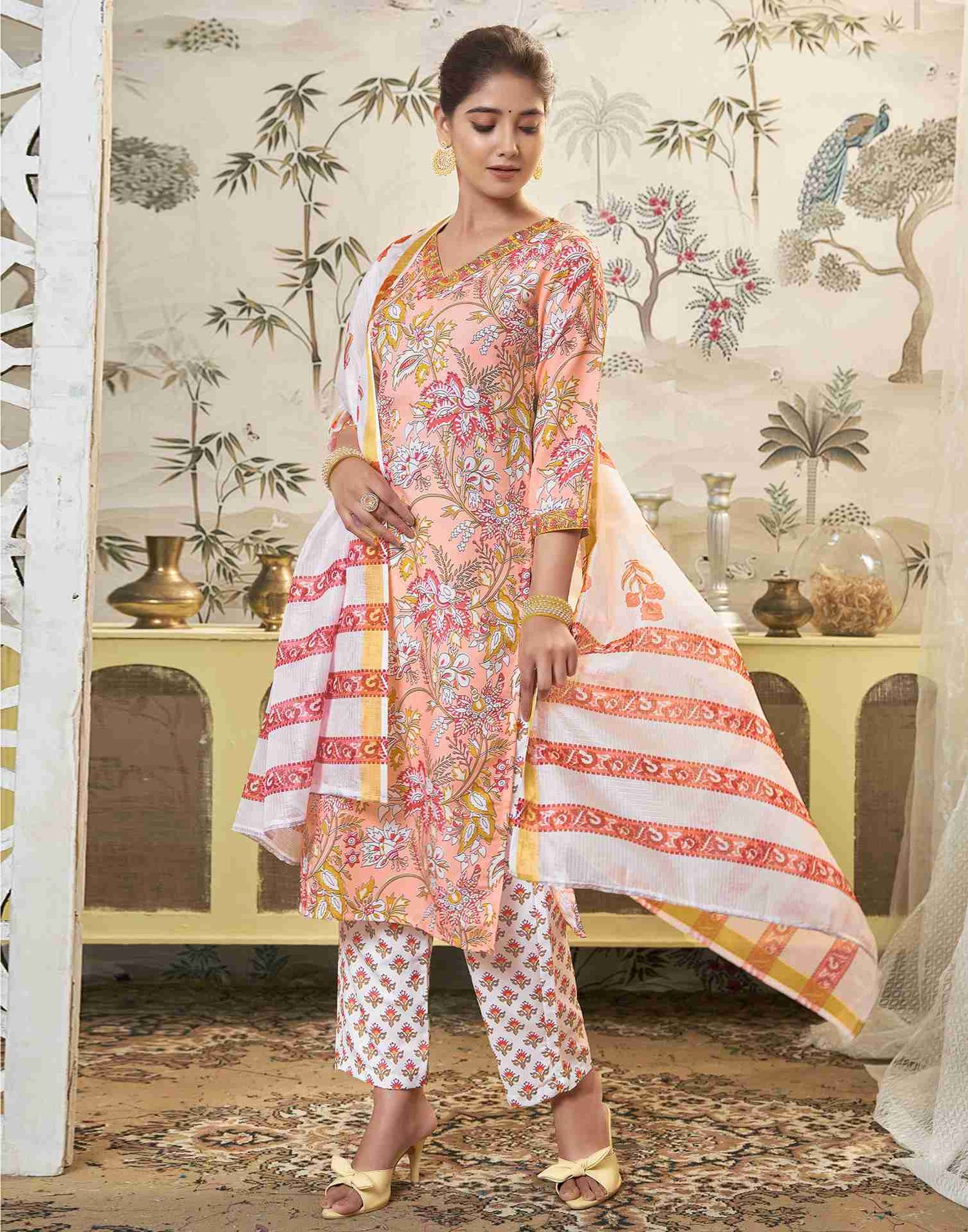 Light Peach Printed Rayon Straight Kurta Set With Dupatta