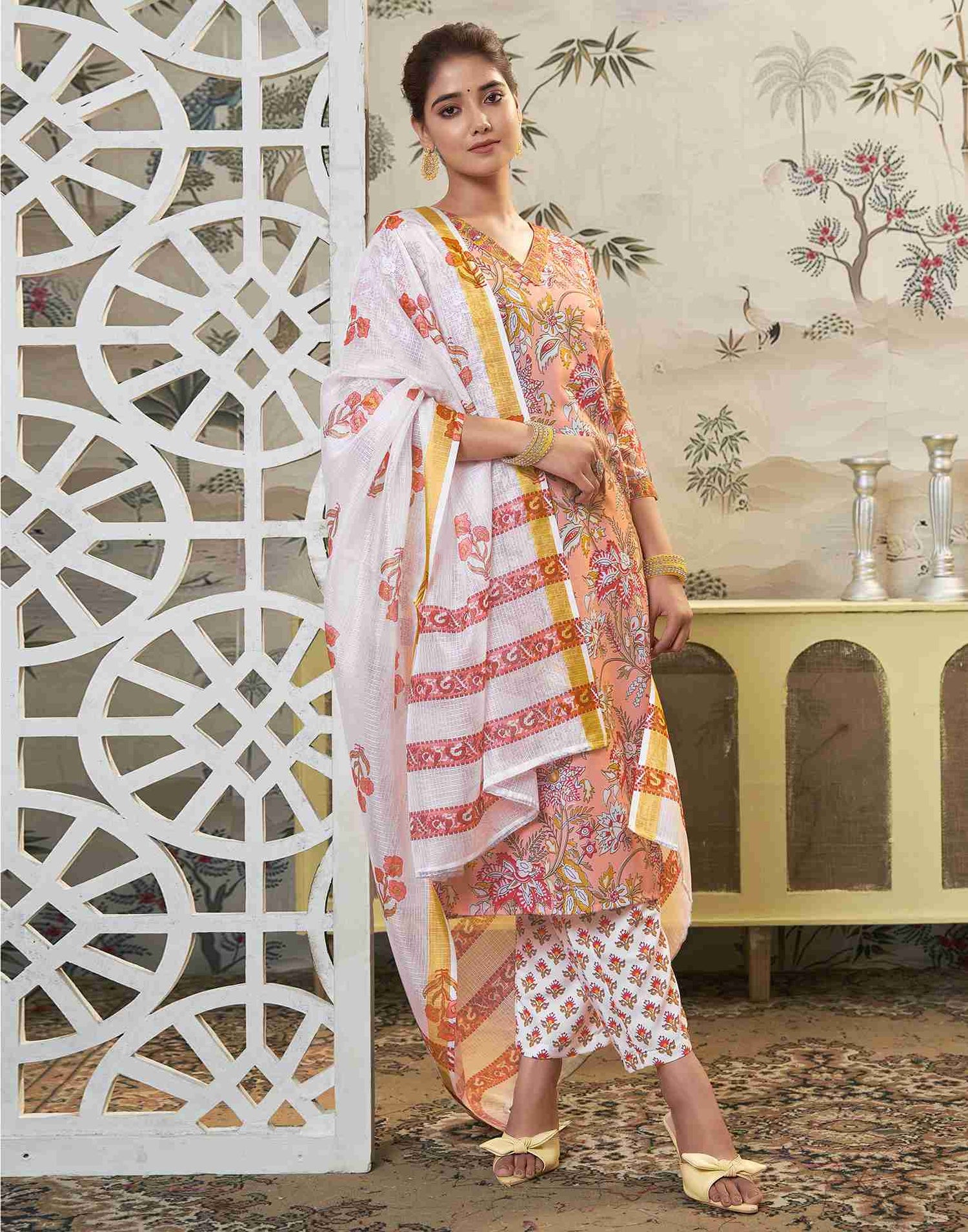 Light Peach Printed Rayon Straight Kurta Set With Dupatta