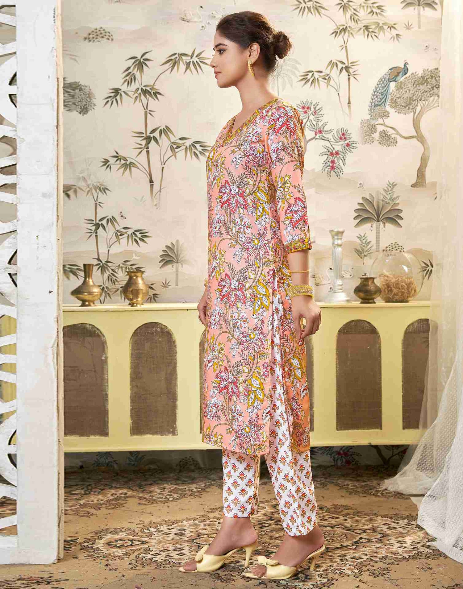 Light Peach Printed Rayon Straight Kurta Set With Dupatta