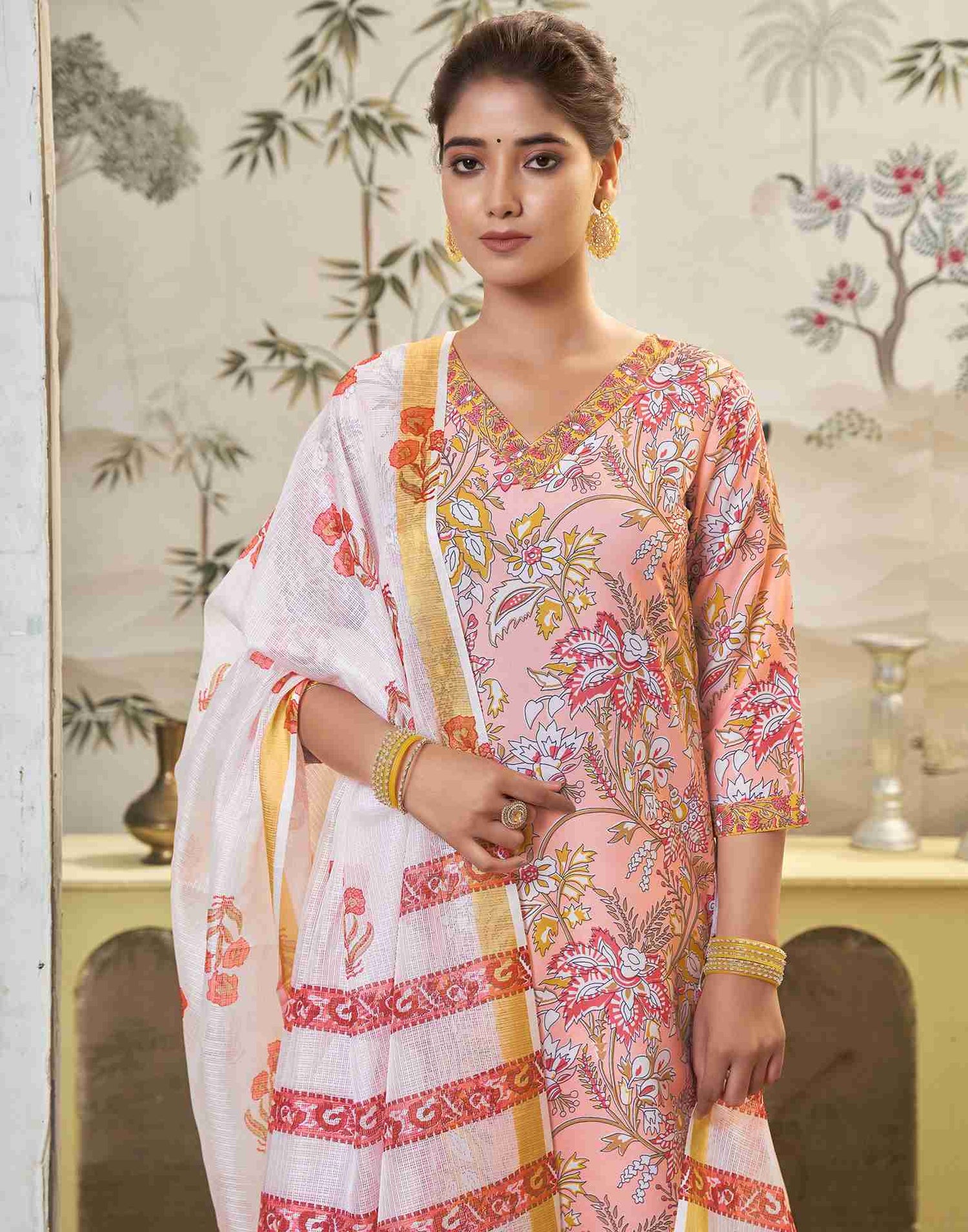 Light Peach Printed Rayon Straight Kurta Set With Dupatta