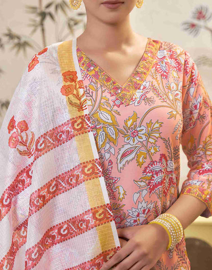 Light Peach Printed Rayon Straight Kurta Set With Dupatta