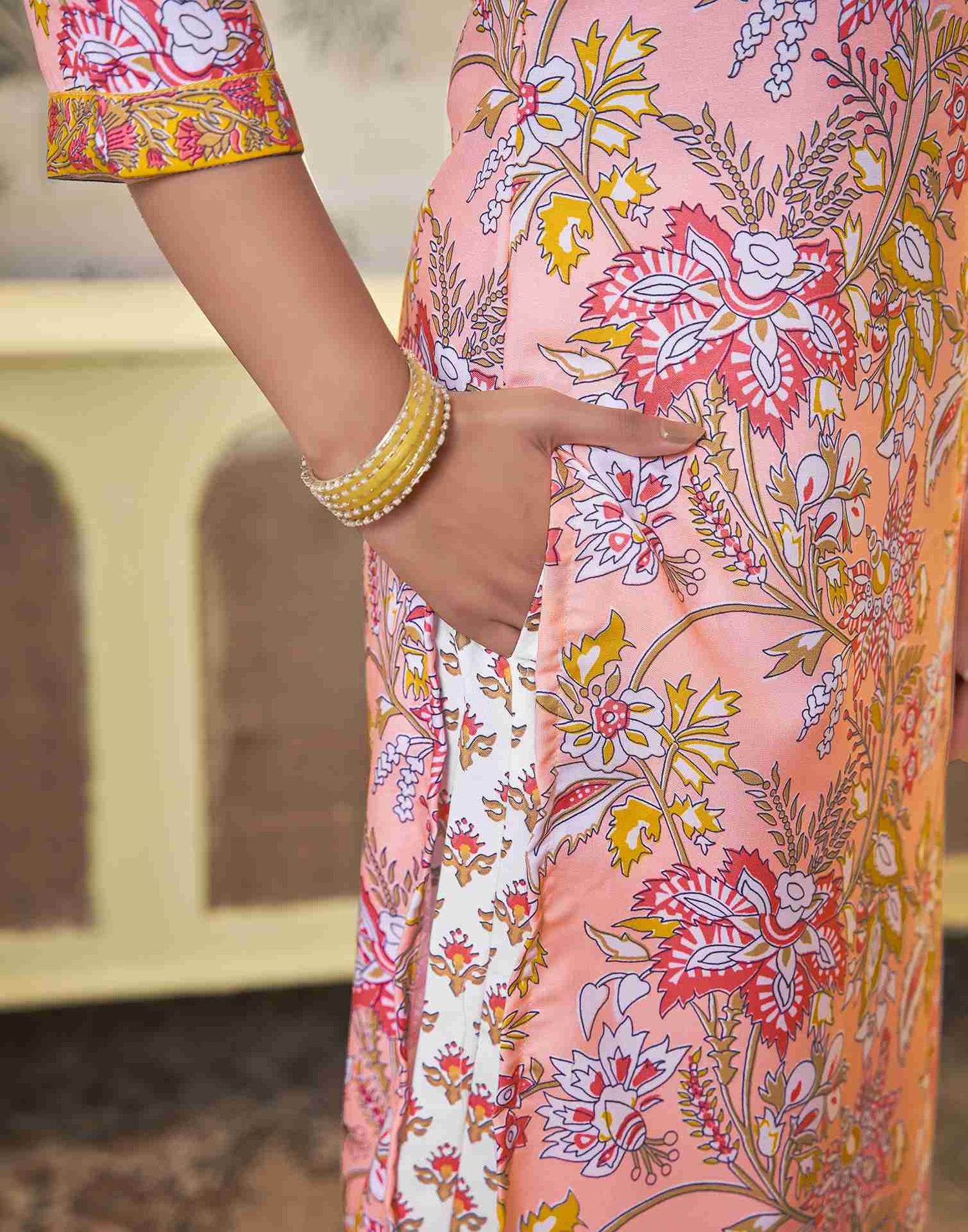 Light Peach Printed Rayon Straight Kurta Set With Dupatta