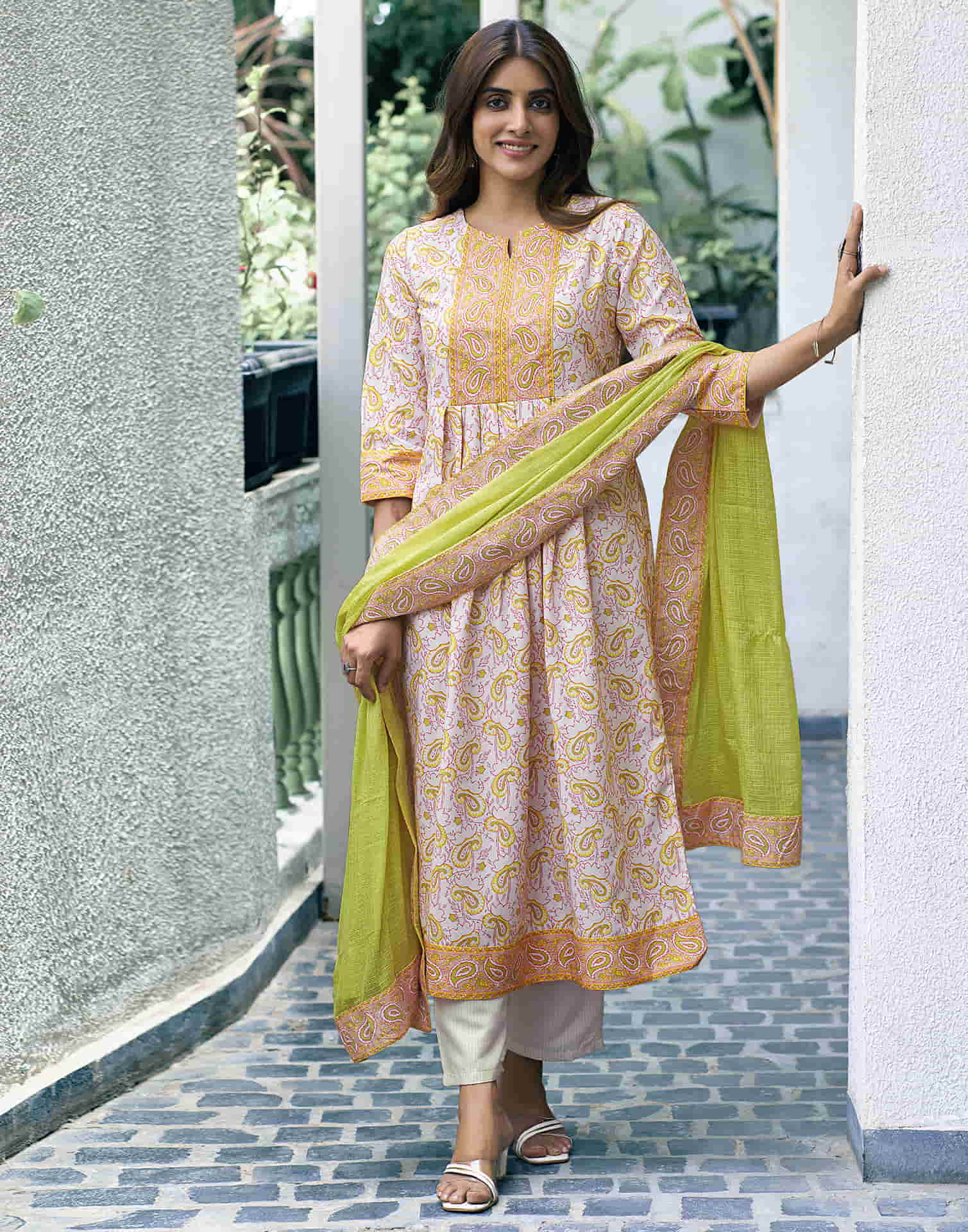 Off White Printed Rayon Flared Kurta With Pant And Dupatta