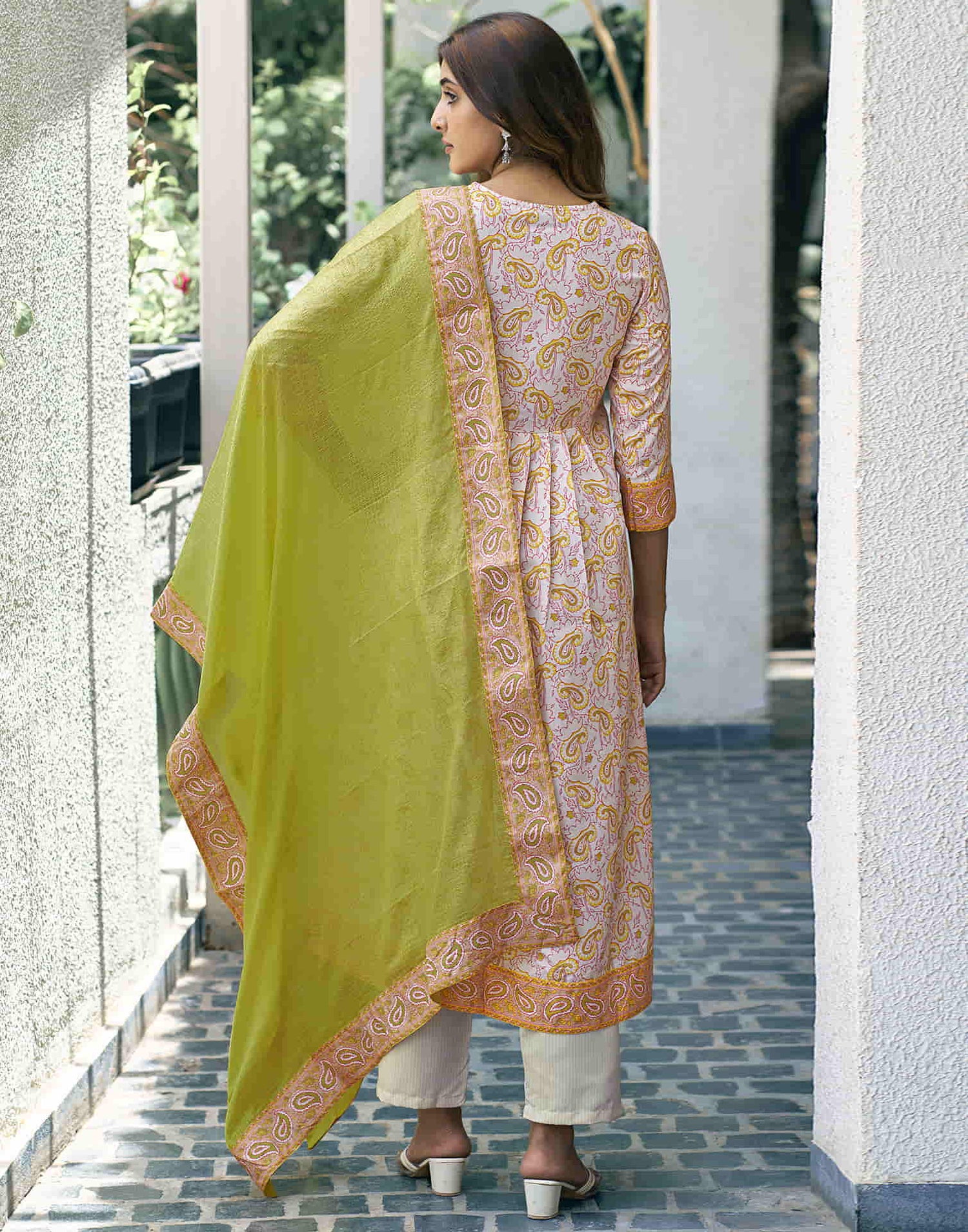 Off White Printed Rayon Flared Kurta With Pant And Dupatta