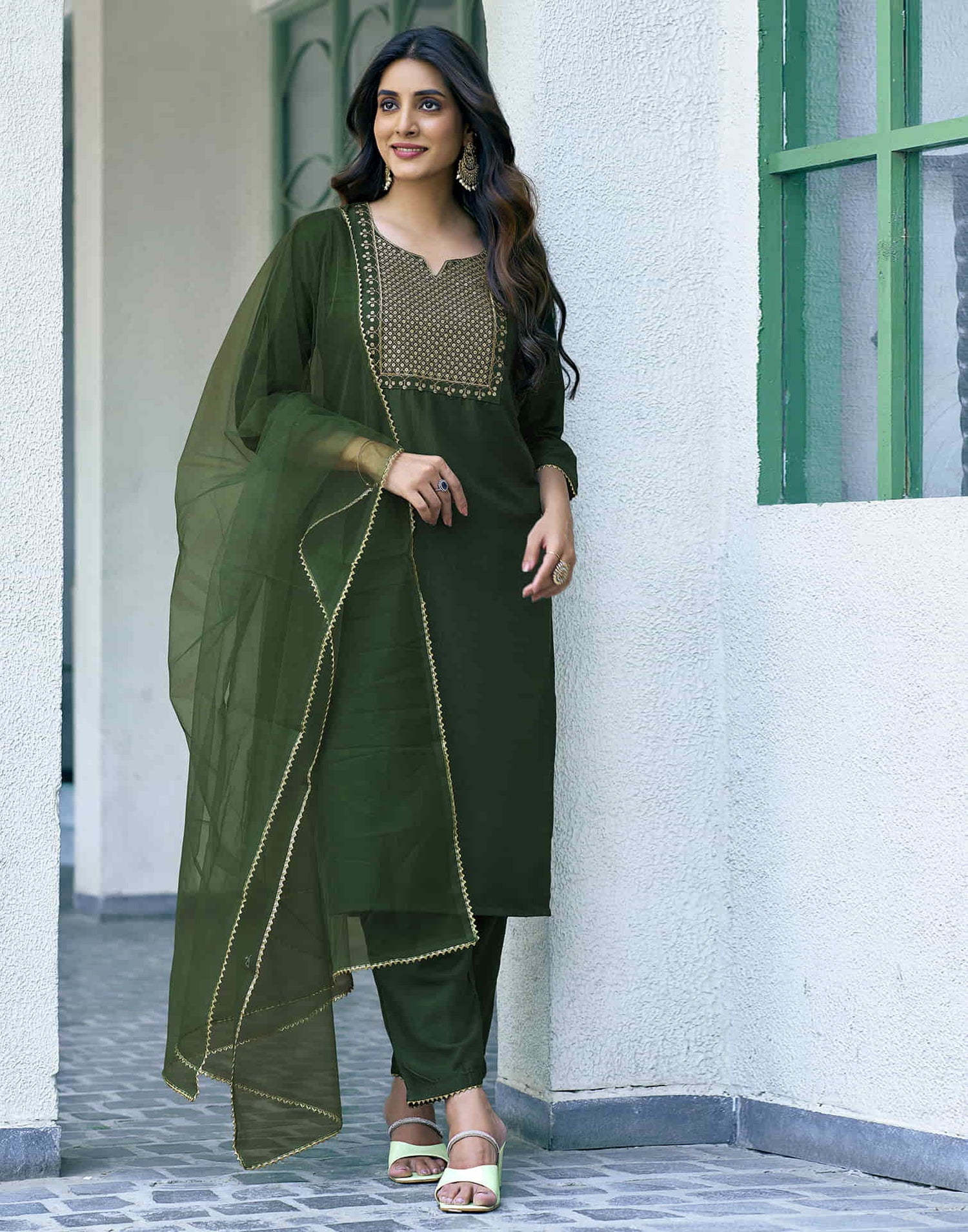 Bottle Green Sequence Chinnon Straight Kurta With Pant And Dupatta