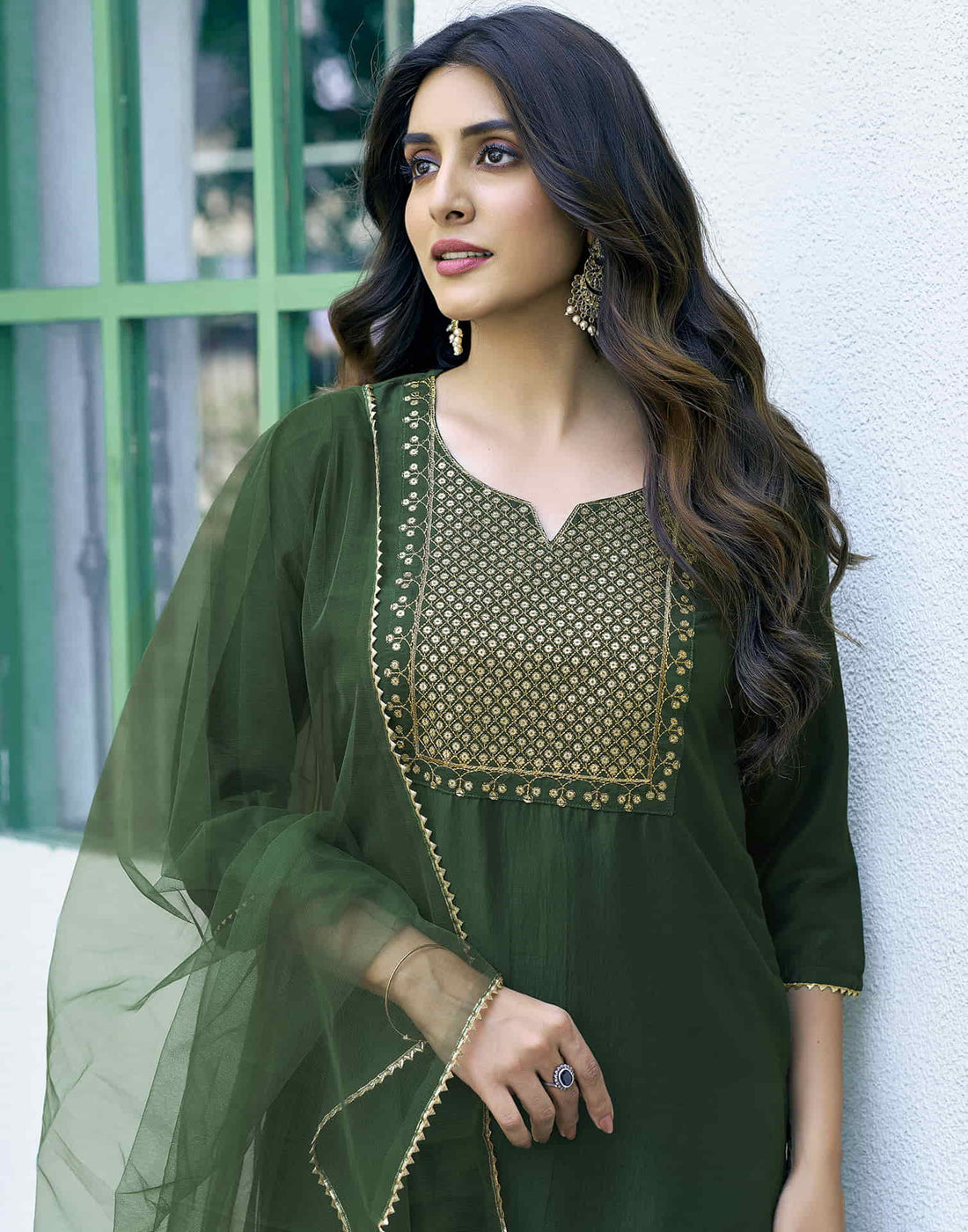 Bottle Green Sequence Chinnon Straight Kurta With Pant And Dupatta