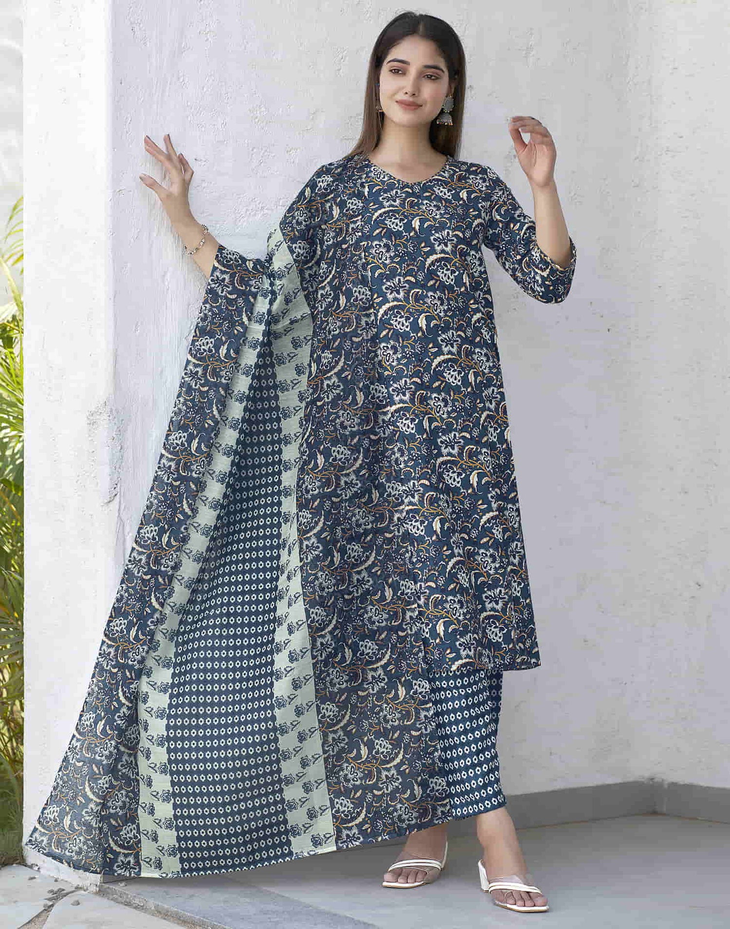 Rama Blue Printed Rayon Straight Kurta With Pant And Dupatta