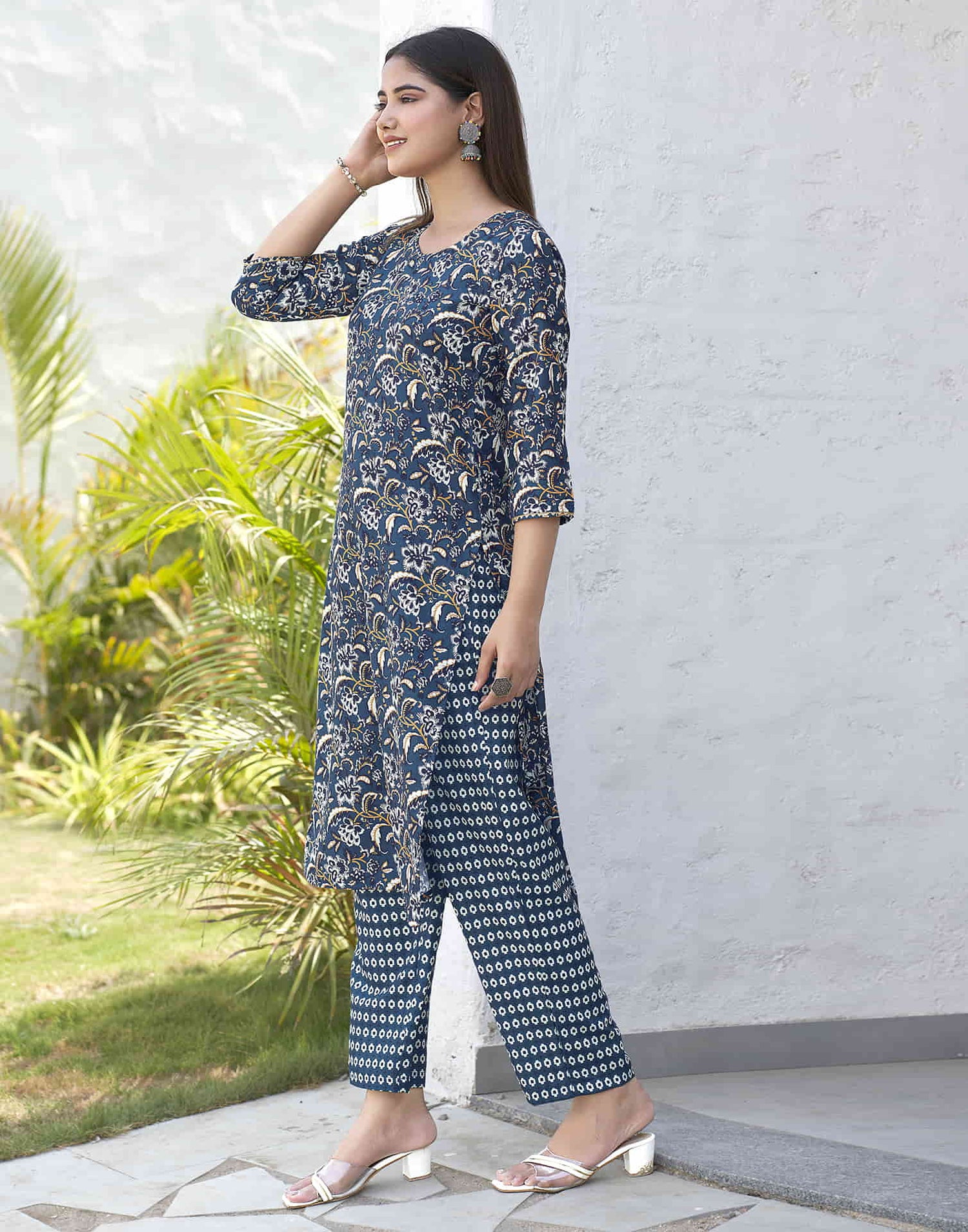 Rama Blue Printed Rayon Straight Kurta With Pant And Dupatta